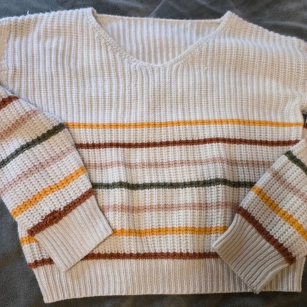 Striped Knit Sweater - Cream, Brown, Green, Yellow